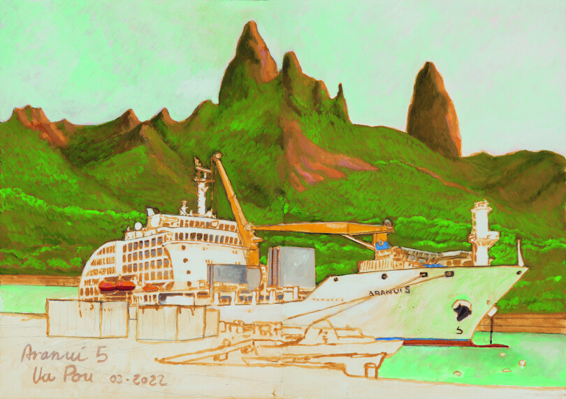 L’Aranui5 arrimé à l’entrée de l’île de Ua Pou.